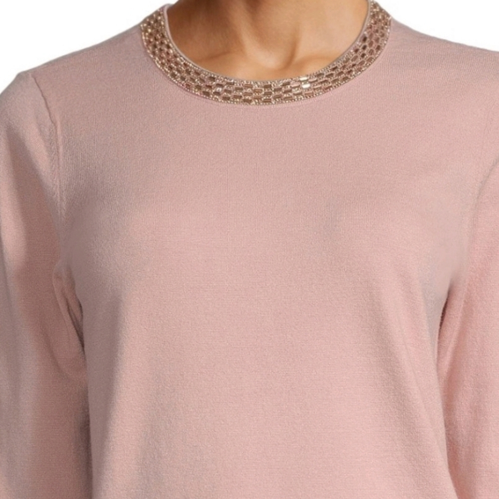 LIZ Claiborne Rose Jewel Neck 3/4 Sleeve Sweater - Picture 4 of 6